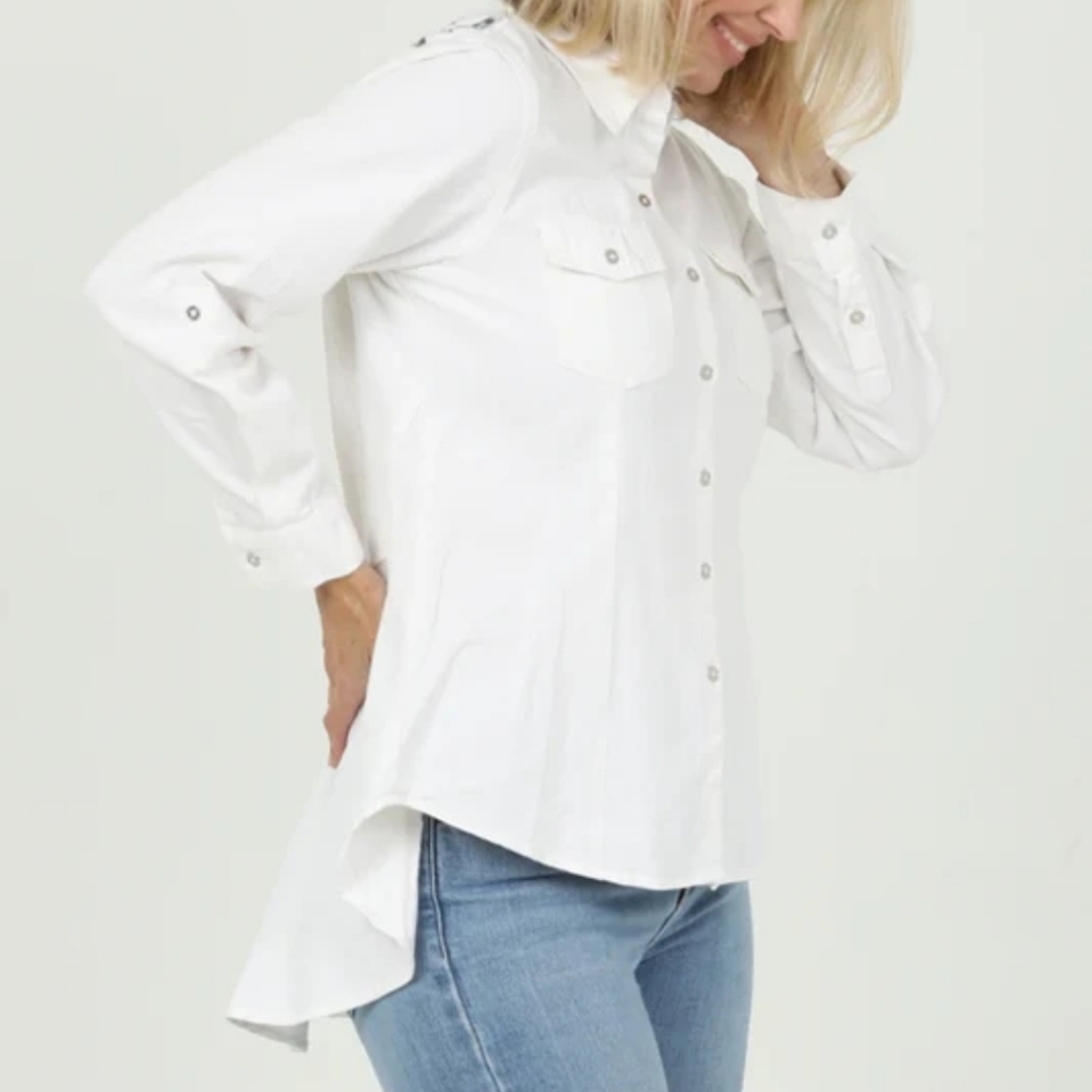 Boho Embroidered Top Floral Denim Women White SzL‎ High-Low - Picture 3 of 15